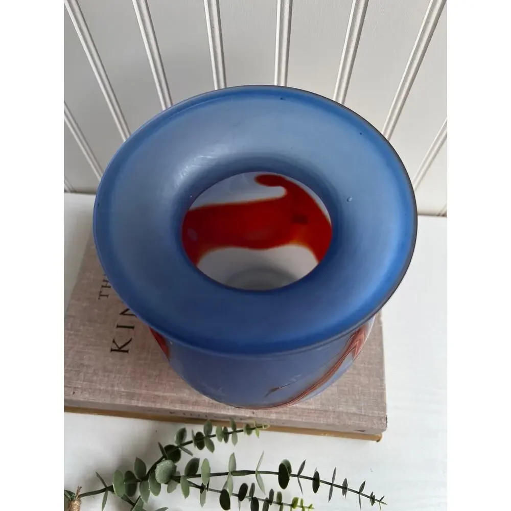 Handblown Cased Satin Glass Vase | Groovy Red Wave Design | Blue Hue